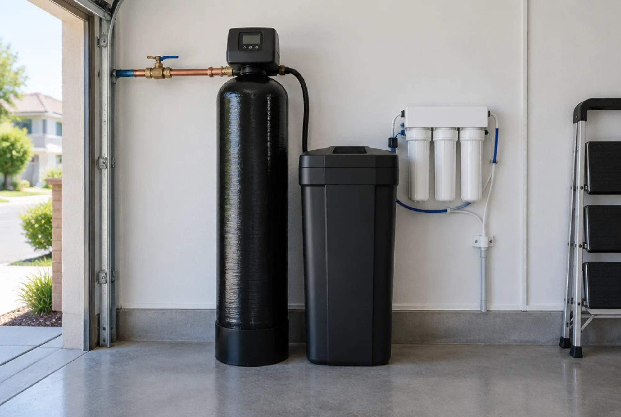 Black softener tank, brine tank, and white reverse osmosis unit installed against a white garage wall at the main water line