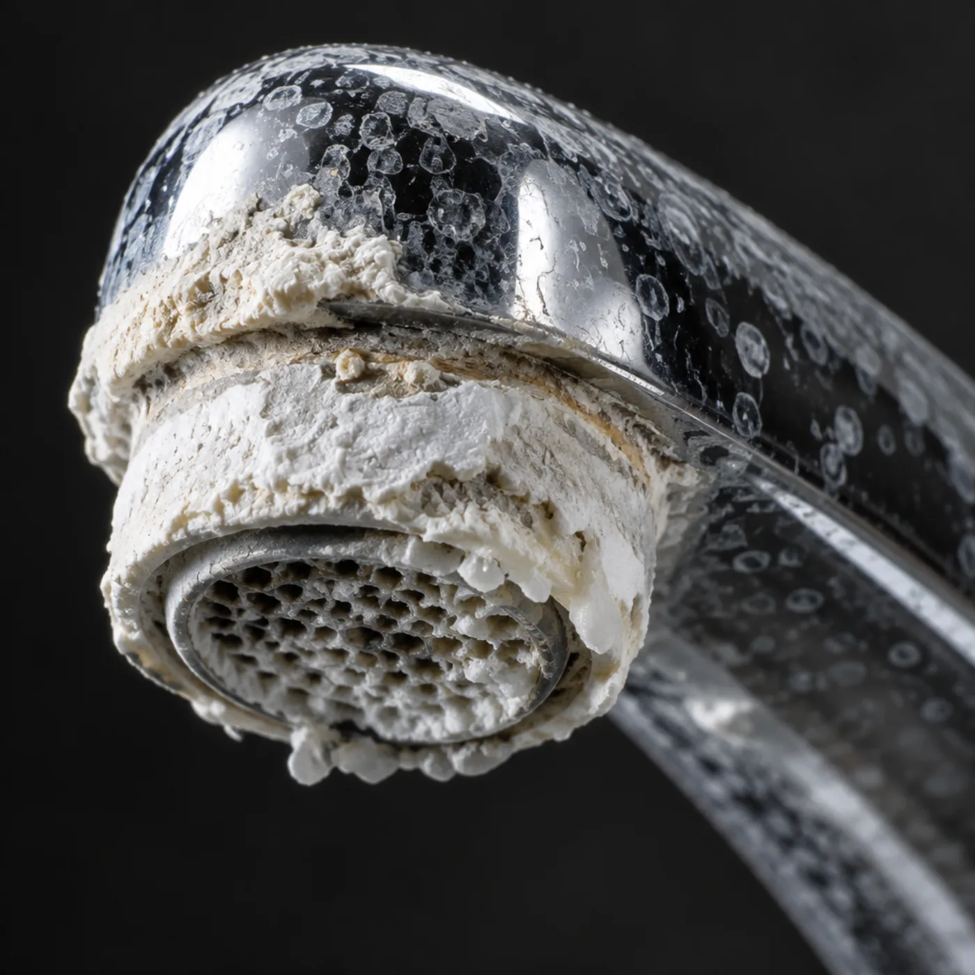 Heavy white limescale crusted on a chrome faucet spout
