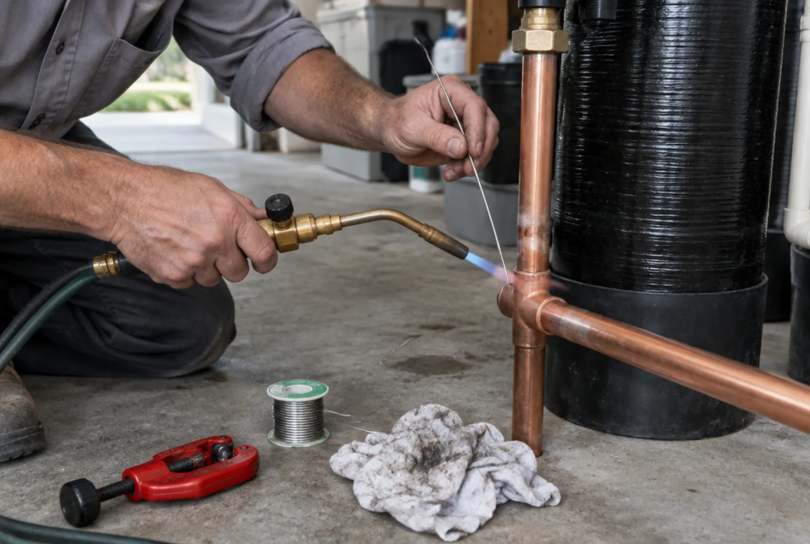 A plumber soldering a copper connection beside a black softener tank on a garage floor