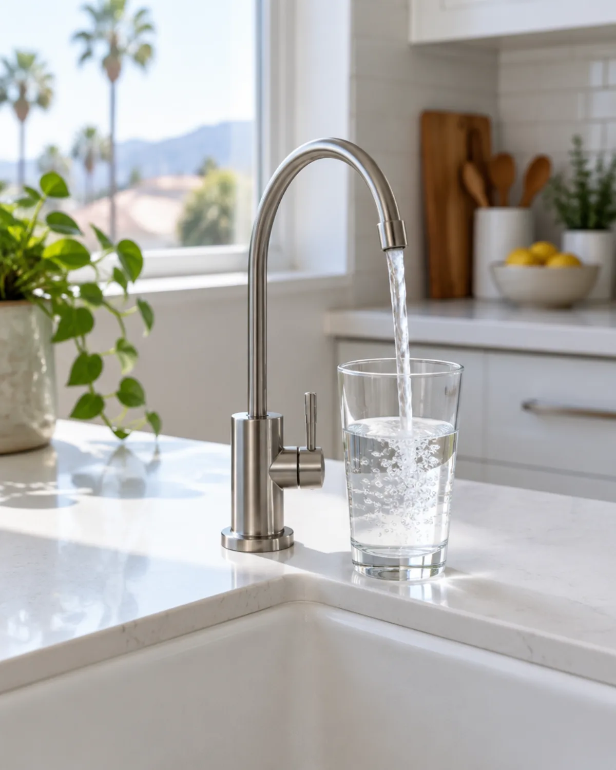 A brushed-nickel reverse osmosis faucet filling a glass at a white kitchen sink